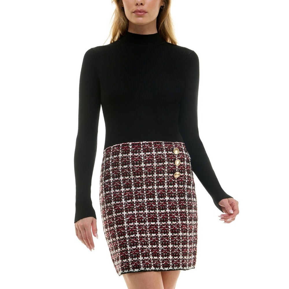 New BCX Juniors' Combo Tweed-Skirt Long-Sleeve Short Sweater Dress Women's XS
